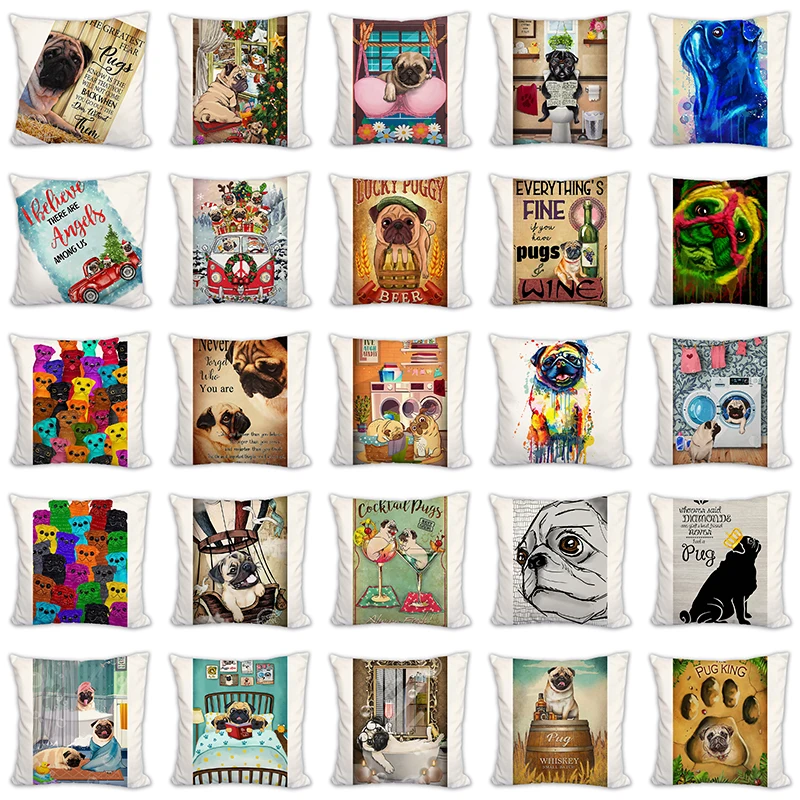 

Colorful Pug art print Cushion Cover Cute Dogs Pillow Cover Living Room Decorative Pillow Case Printed Linen/Soft Plush 45x45cm