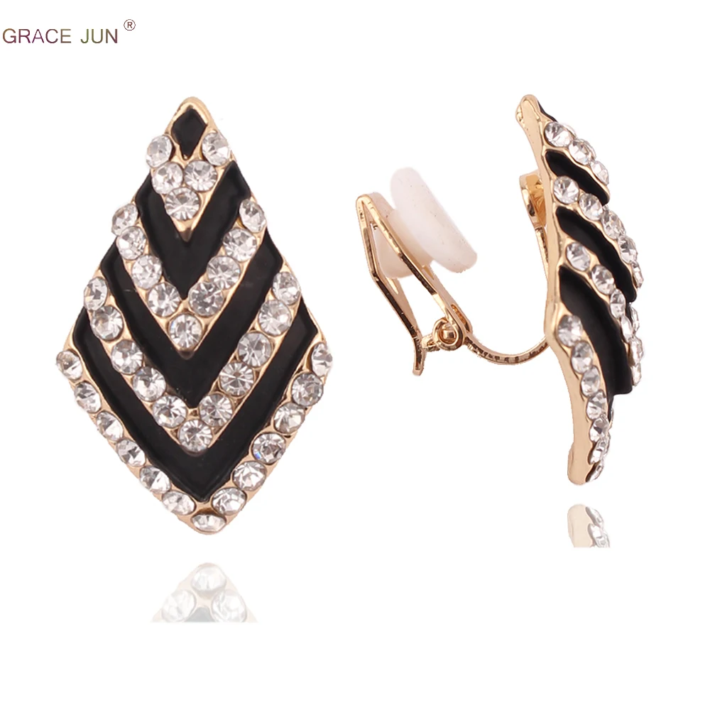 GRACE JUN Gold Black Shape Clip on Earrings for Women Elegant Rhinestone Clip Earrings No Ear Hole