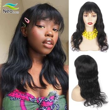 

Body Wave Human Hair Wigs With Bangs Brazilian Glueless Non Lace Wig For Women 150% Density Pre Plucked Remy Hair Long Bang Wig