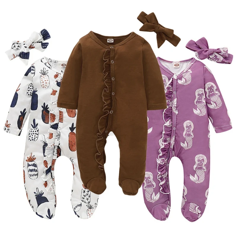 Коллекция года, весенне-осенняя одежда для новорожденных, комбинезон+ головной убор, хлопковая одежда с оборками и длинными рукавами для маленьких мальчиков и девочек возрастом от 0 до 18 месяцев