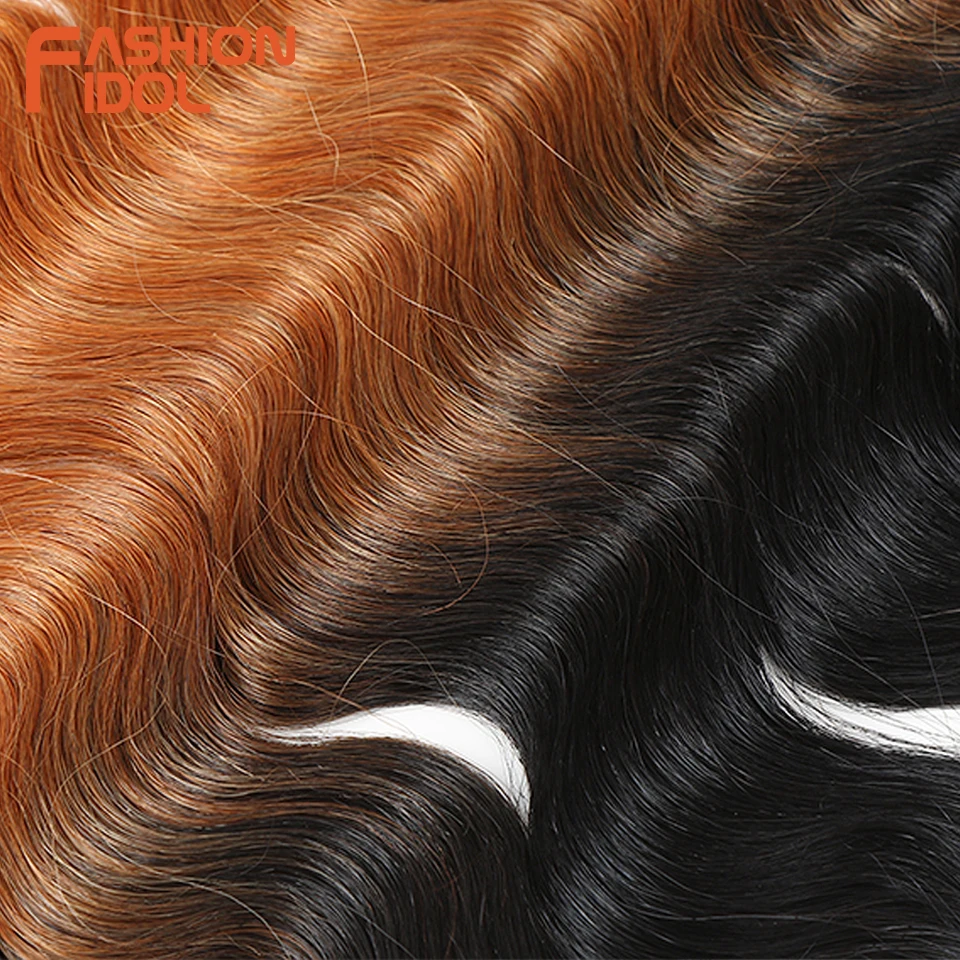 FASHION IDOL Body Wave Synthetic Hair Bundles With Closure 16-20 Inch 7 Pcs/lot Ombre Blonde Weaving Hair Extension For Women