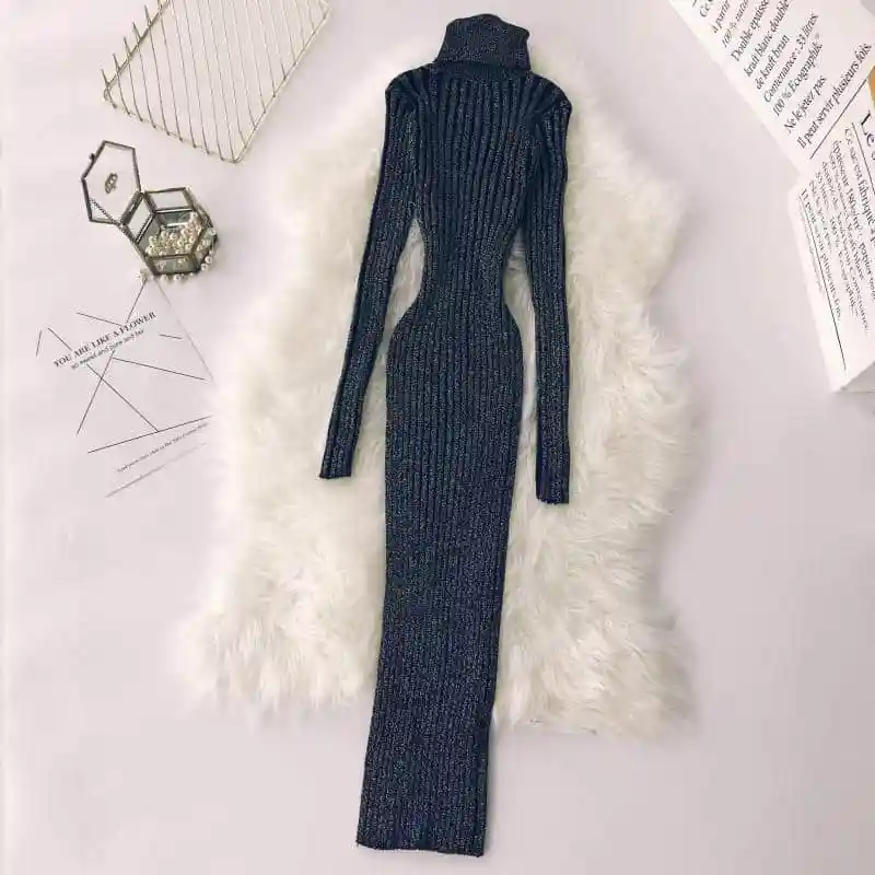 NiceMix зимнее Новое Женское платье с высоким воротом и длинным рукавом, яркое шелковое вязаное платье, женский элегантный Однотонный свитер - Цвет: Черный