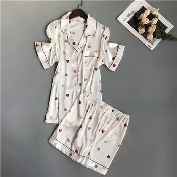 

Women Pajamas Set 2 Pieces Printed Faux Silk Pajamas Suit Cute Sleepwear Short Sleeves Sleepwear Shorts For Female