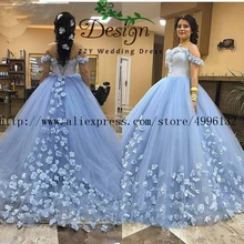 Пышное голубое Пышное Платье с цветочной аппликацией, с открытыми плечами, с голубым тюлем, Длинное Пышное милое бальное платье 16, платье для выпускного вечера