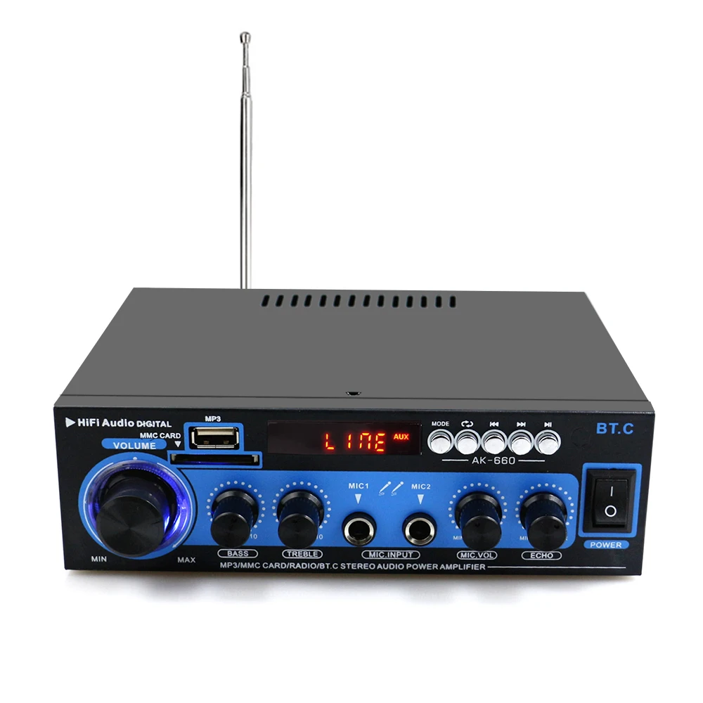 Мини аудио усилитель мощности BT цифровой аудиоприемник AMP слот USB SD MP3-плеер Поддержка fm-радио двойной микрофон вход для домашнего использования автомобиля