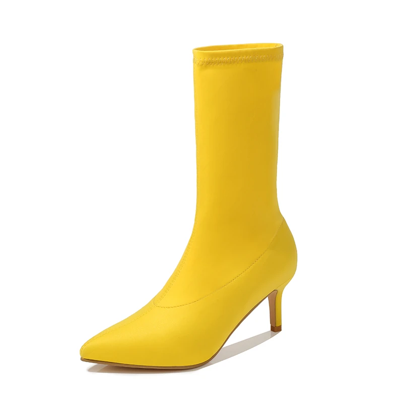 Новинка года; зимние сапоги-носки; модные женские ботильоны из эластичной ткани с острым носком; цвет желтый, синий, красный; ботинки на низком каблуке; обувь больших размеров