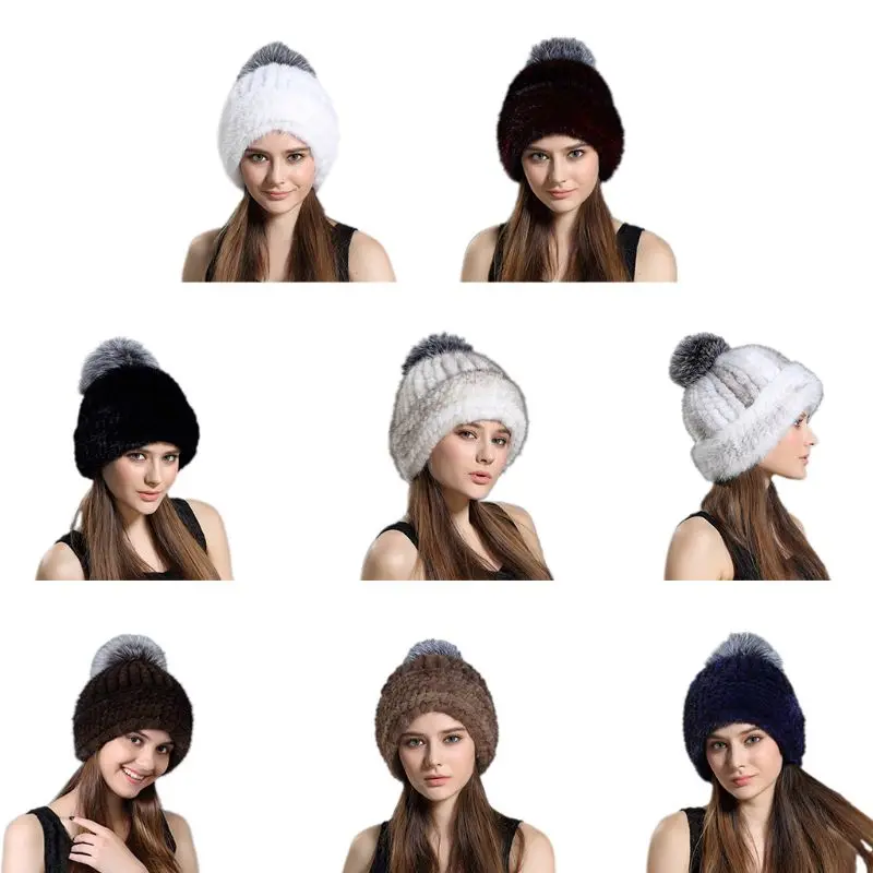 

2019 Women's Knitted Mink Fur Hat women's Casual Fur Hats New Fashion Fur Ball Women Winter Headgear Cap for Women Beanie Female