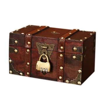 

HLZS-Retro Treasure Chest with Lock Vintage Wooden Storage Box Antique Style Jewelry Organizer for Wardrobe Jewelry Box Trinket