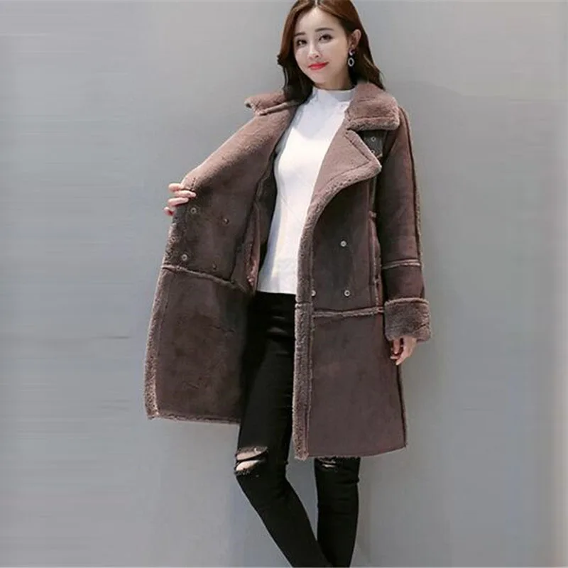 Dark brown Элегантное модное повседневное пальто утепленная куртка Женская осенне-зимняя парка из меха ягненка Новая женская верхняя одежда из замши средней длины с оленем - Цвет: Dark brown