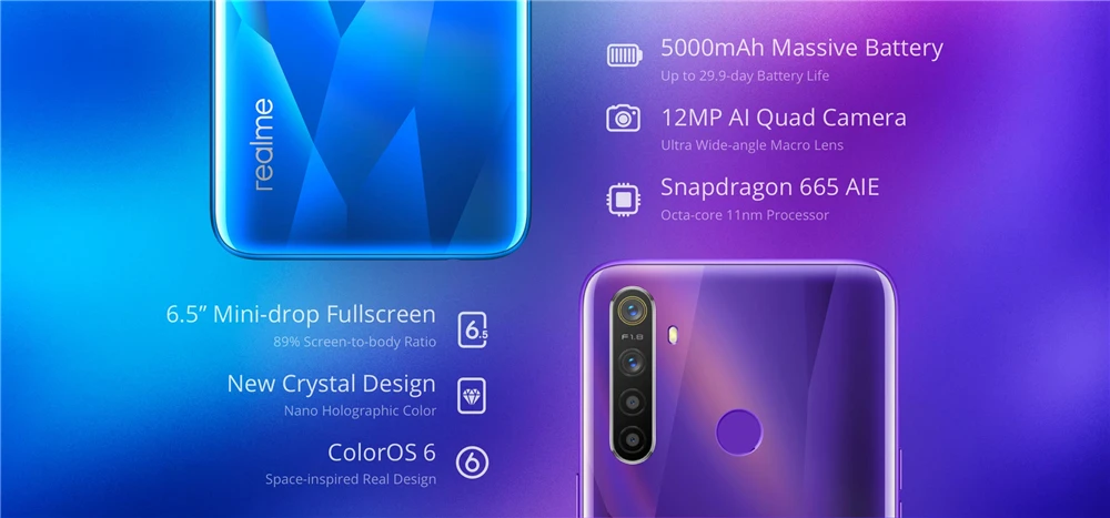 Realme 5 6,5 ''3/4 ГБ Оперативная память 64/128 ГБ Встроенная память Snapdragon 665 Восьмиядерный 5000 мА/ч, 12MP+ 13MP Quad камеры мобильный телефон с определением отпечатка пальца