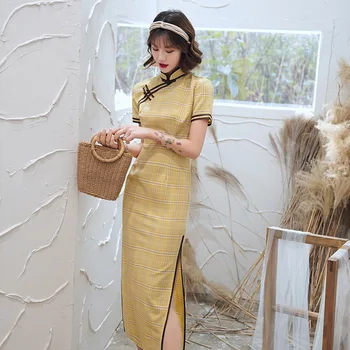

Summer Chinese Dress Satin Vintage Plaid Women Oriental Long Cheongsam Modern Qipao Female China Elegant Casual daily qipao