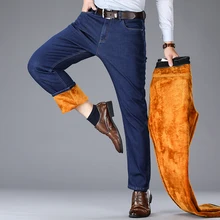 Зимние деловые джинсы на флисе, повседневные Стрейчевые плотные вельветовые Теплые джинсы, мужские больших размеров, брендовые штаны черного и синего цвета