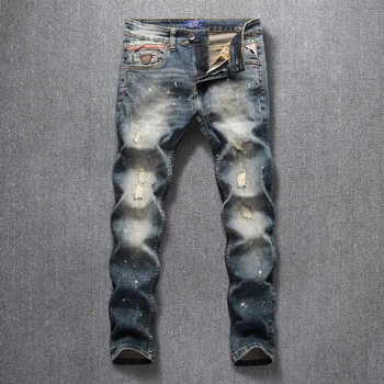 

Fashion Streetwear Men Jeans Embroidery Patchwork Designer Retro Ripped Jeans Men High Quality Streetwear Hip Hop Jeans Homme