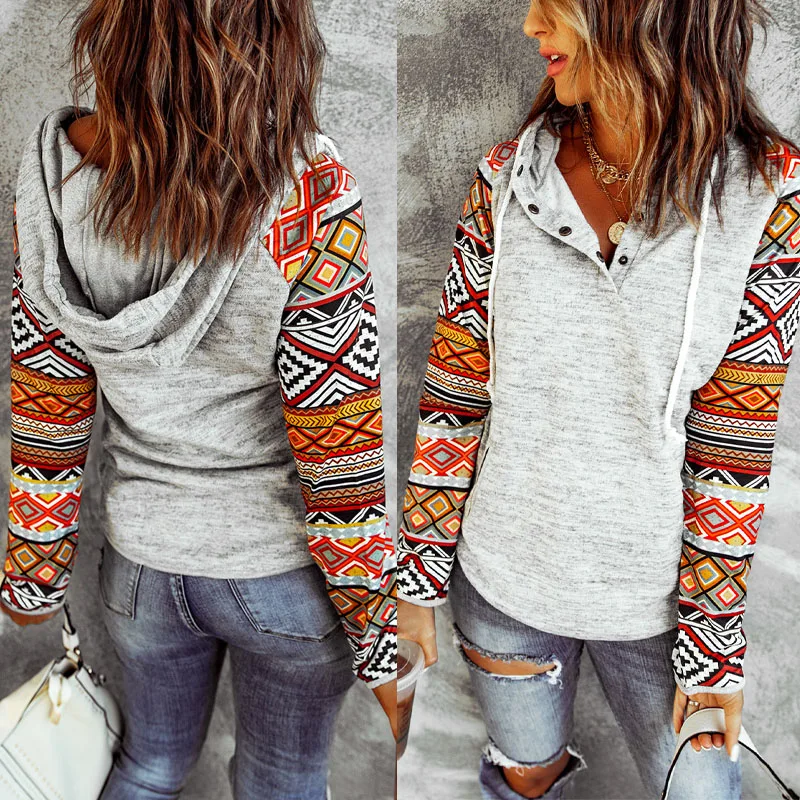 

2021 New Stylish Long Sleeve Button Neckline Drawstring Women Vintage Essentials Hoodie