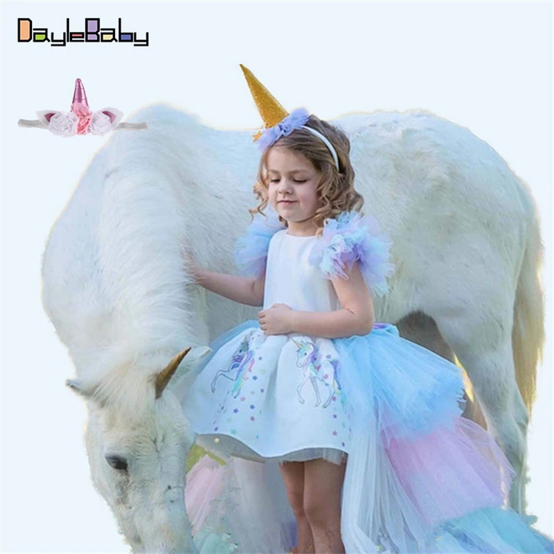 Платье-пачка для девочек в цветочек с единорогом и радугой; сказочное платье принцессы на день рождения; платье с подвижным шлейфом для девочек «My Fancy Little Pony» - Цвет: B