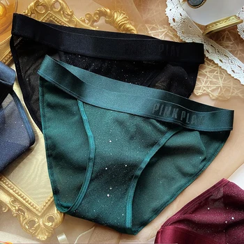 

Women's Sexy Shiny Panties Pink Letter Low Waist Starshine Briefs Female Comfort Underpants Ladies Seamless Intimates Lingerie