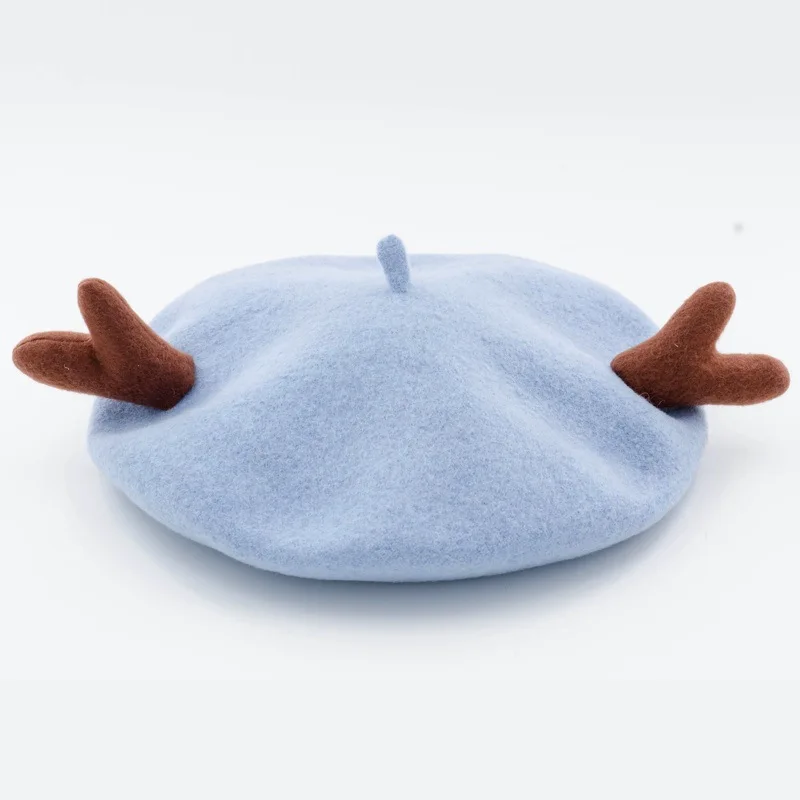 Light blue Женский берет с милым оленем, шерстяные береты, зимние женские теплые шапочки, шапка, шапка, французский берет художника, рождественский подарок, шапки для девочек - Цвет: Light blue