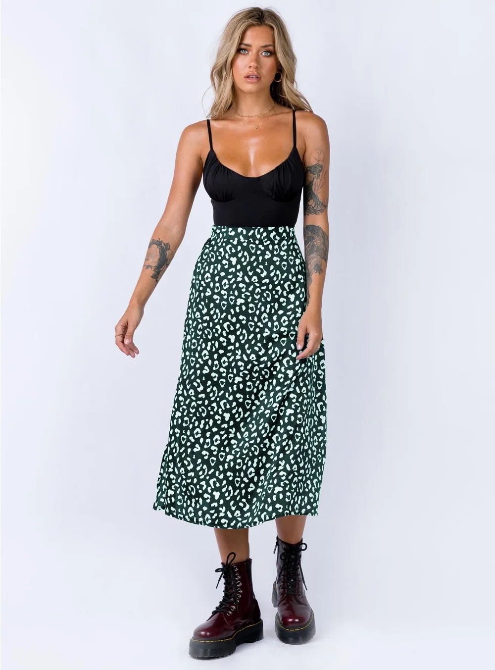 Spring and summer women's leopard print chiffon print split skirt Europe and the United States sexy zipper high waist midi skirt pink skirt