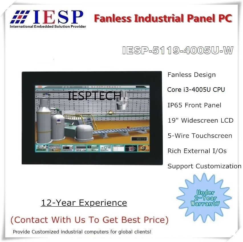 19 inch fanless industrial panel pc 16:9 LCD Core i3-4005U CPU 4GB RAM/500GB HDD 4xRS232 4xUSB HMI |