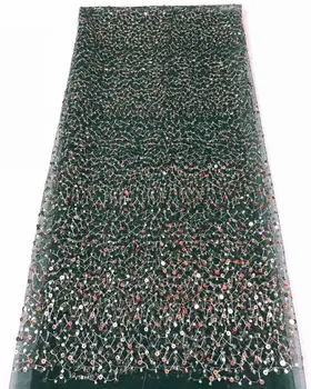 

High Quality 5yards green Sequins Embroidered Nigerian Lace Fabrics For Wowen Dress FFR1114