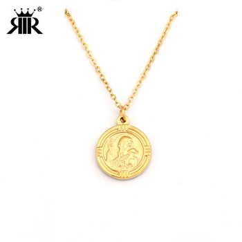 

RIR Popular Saint Benedict Necklace Golden Round Coin Medal Catholic Holy Religion Saint Benedict Protection Pendant