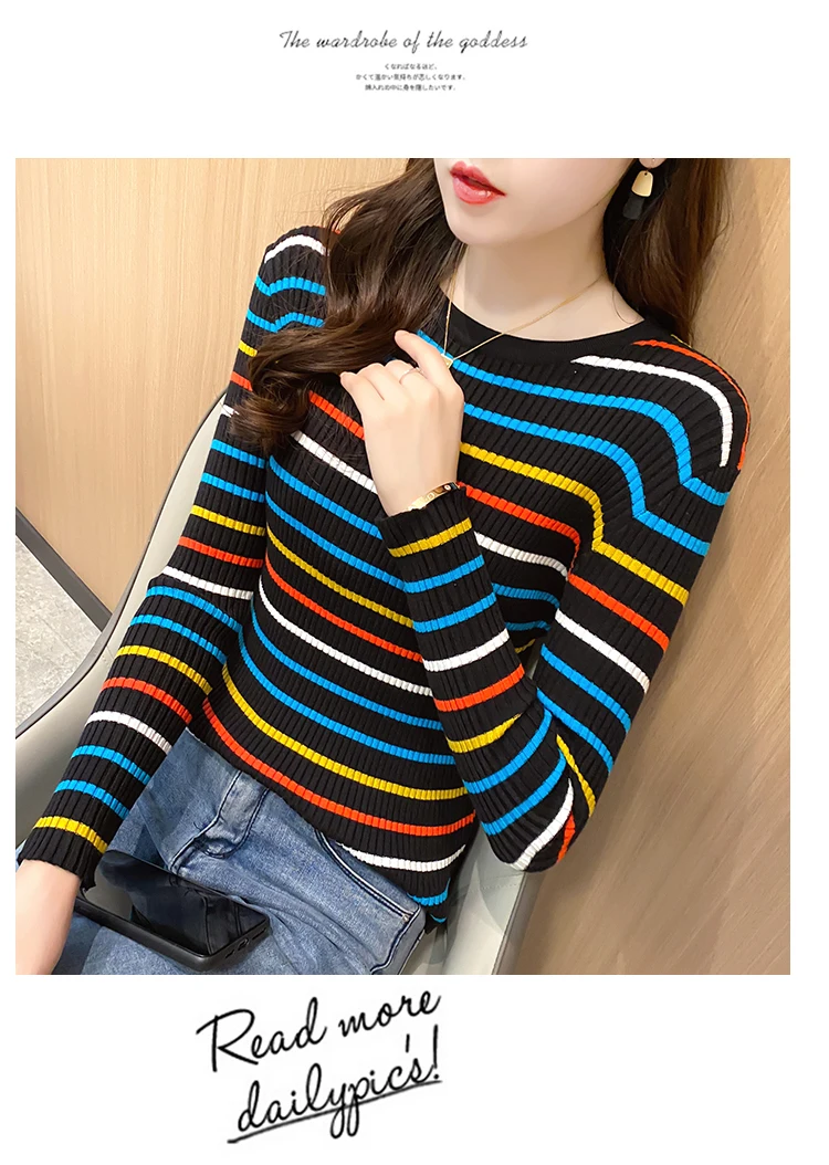 New Women Rainbow Stripe Sweater Winter Slim Long Sleeve Pullover Tops Korean Ladies Knitted Elegaht Sweaters Woman Jumper Mujer