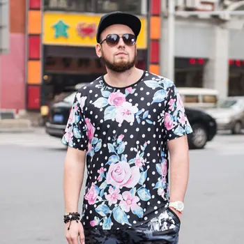 

Fat guys plus size men's clothing printing floral dots loose short-sleeved T-shirt