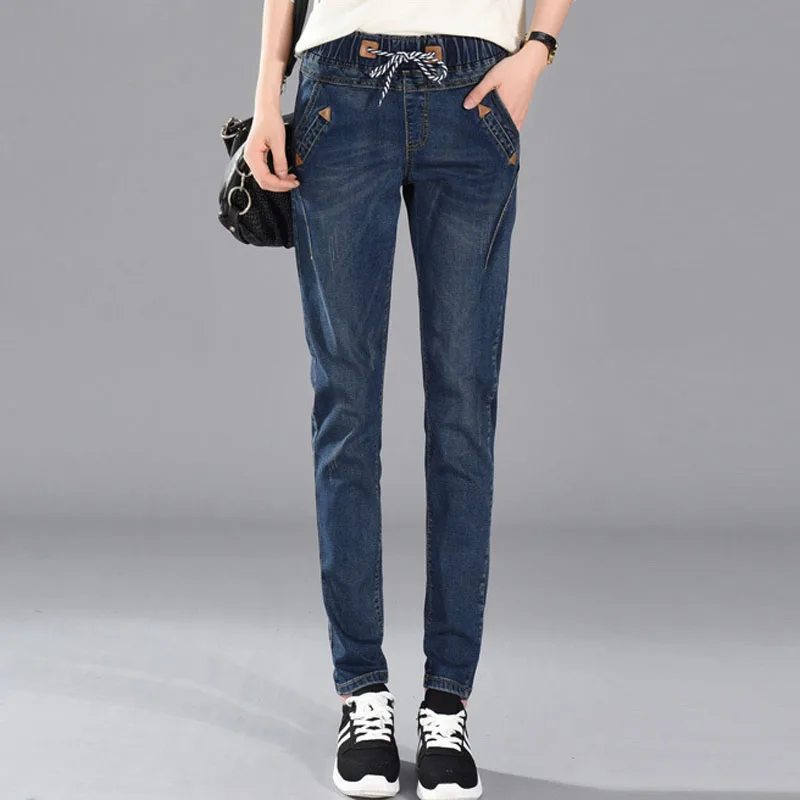 Женские джинсы размера плюс с высокой талией, Женские джинсы-шаровары, женские джинсы для мам, Джинсы бойфренда, женские обтягивающие джинсы больших размеров синего и черного цвета