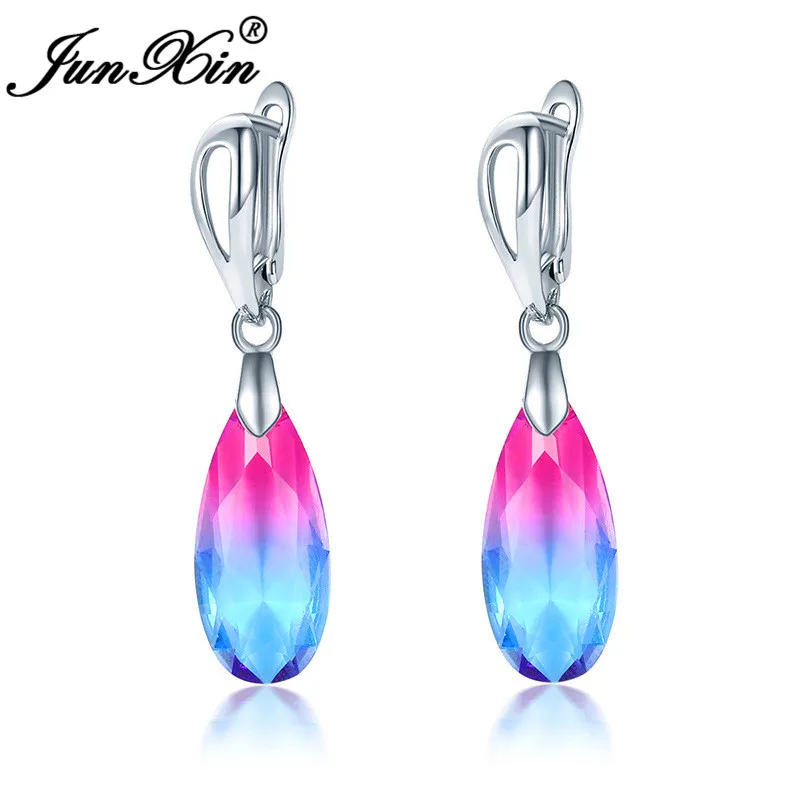 

Mystic Fire Crystal Teardrop Hoop Earrings For Women Rainbow Pink Black Blue Green Zircon Silver Gold Stone Wedding Earrings CZ