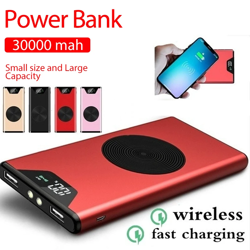 

Wireless Charger Mobile Ultra High Capacity 30000mAh Power Bank Ultra Thin Fast Charging USB External Battery Portable Charger
