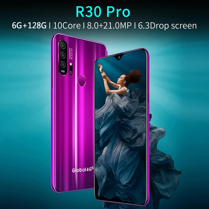 R30pro Mobile Phone Real 4G Network 6.3-Inch Water Drop Large Screen Smart Phone 6G+ 128GB High Match Mobile Phone