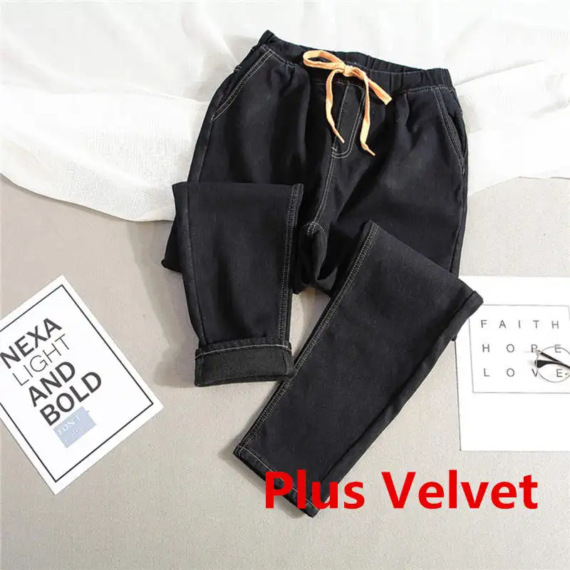 black plus velvet 4XL 5XL плюс бархатные теплые джинсы для женщин в стиле бойфренд Осень Зима Высокая талия джинсы женские длинные джинсовые шаровары женские джинсы C6017 - Цвет: black plus velvet