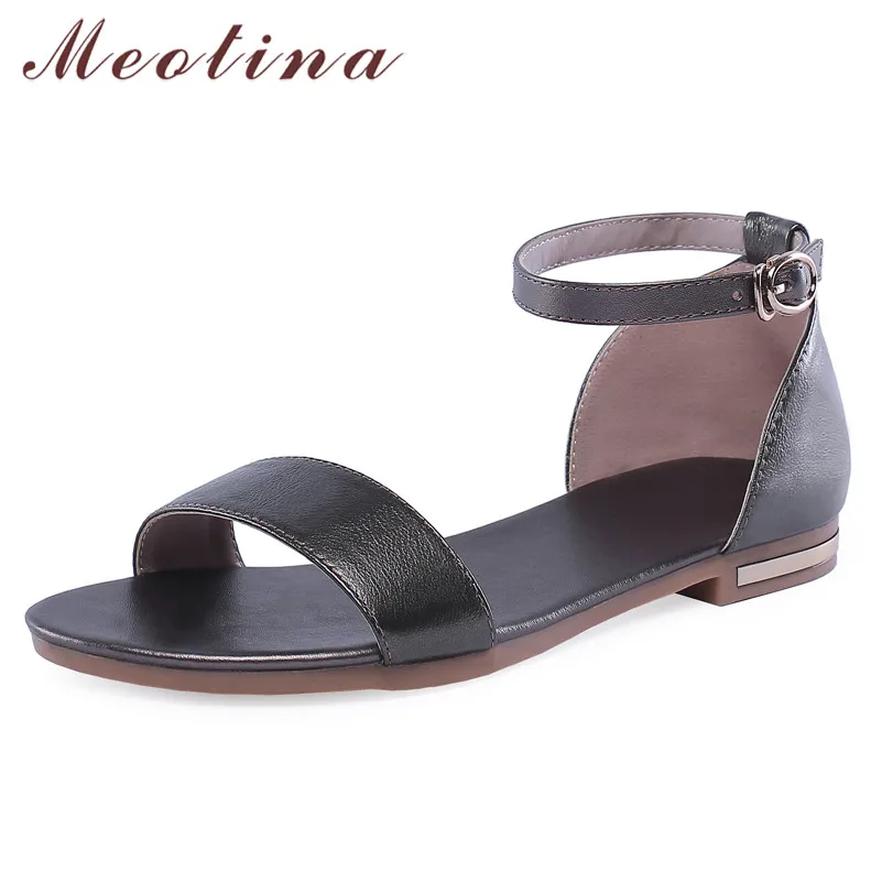 

Meotina Summer Sandals Women Shoes Natural Genuine Leather Flat Ankle Strap Shoes Real Leather Open Toe Sandals Lady Size 33-43