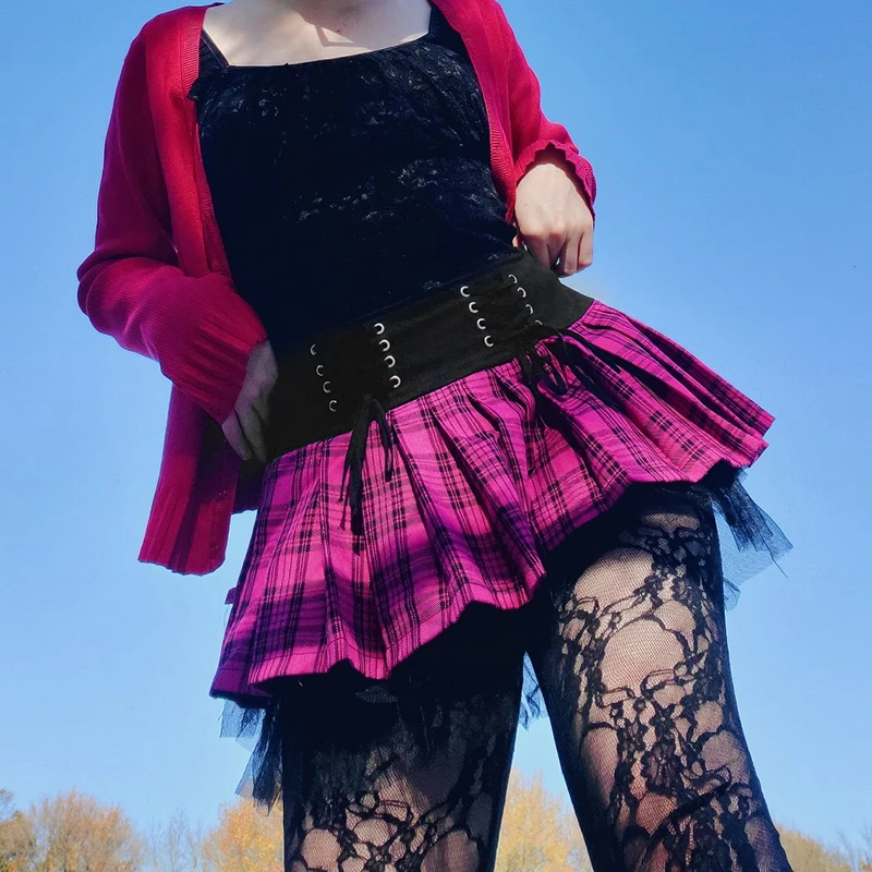 Sexy Plaid Lace Trim Pleated Skirt-1