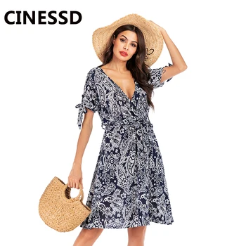

CINESSD V Neck Floral Print Casual Women Beach Dress 2020 Short Sleeves A Line Swing Lace Up Loose Elastic Boho Party Lady Dress