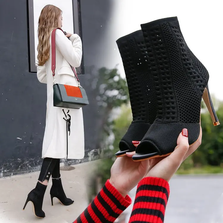 

2018 Spring And Autumn New Style WOMEN'S Shoes Thin Heeled Peep-Toe Short Boots High Heel Shoes Stretch Boots Black And White wi