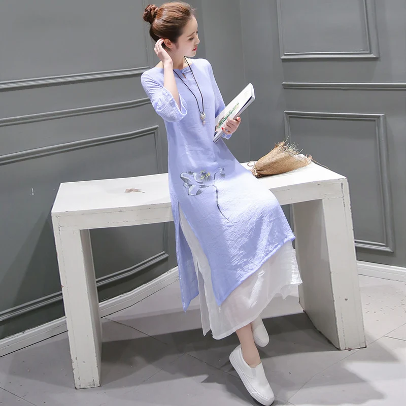 summer vintage Floral Pleated long dress women white Loose Cotton and Linen dress Chinese Style Linen long dress women