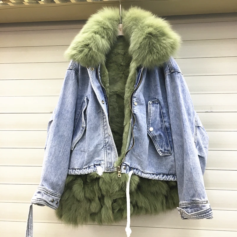 low cost  Natural Fox Fur Collar + Detachable Rabbit Fur Liner Denim Coat Winter Women Thickened Warm Coat Ja