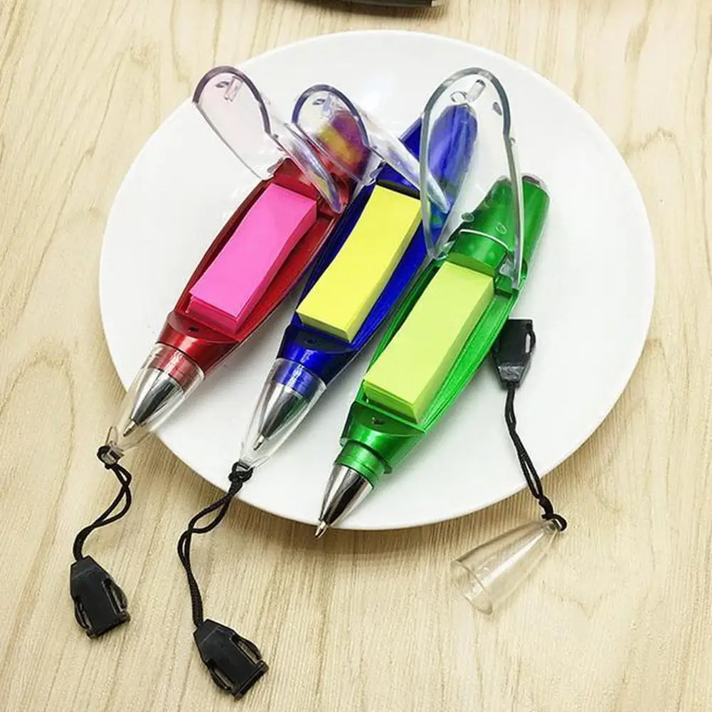 1Pc Creative Multifunction Ballpoint Pens With Note Paper Cute Led Light Pen With Lanyard Stationery For Office School Writing
