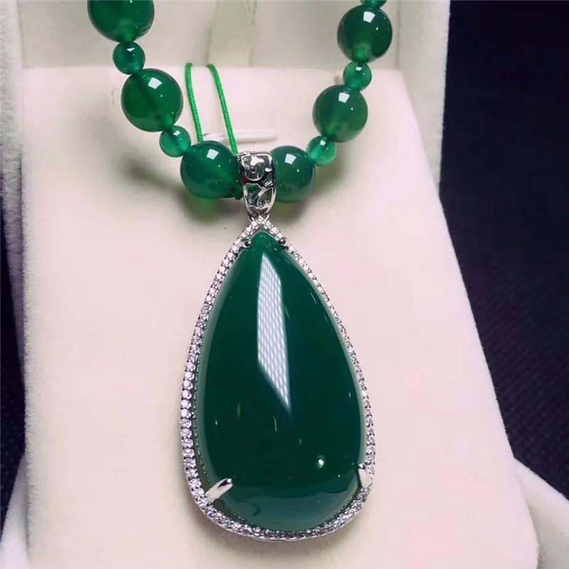 LETSFUN Fine Jewelry 925 Серебряный инкрустированный Натуральный Зеленый Халцедон подвеска в форме капель воды ожерелье свитер цепь Подарки