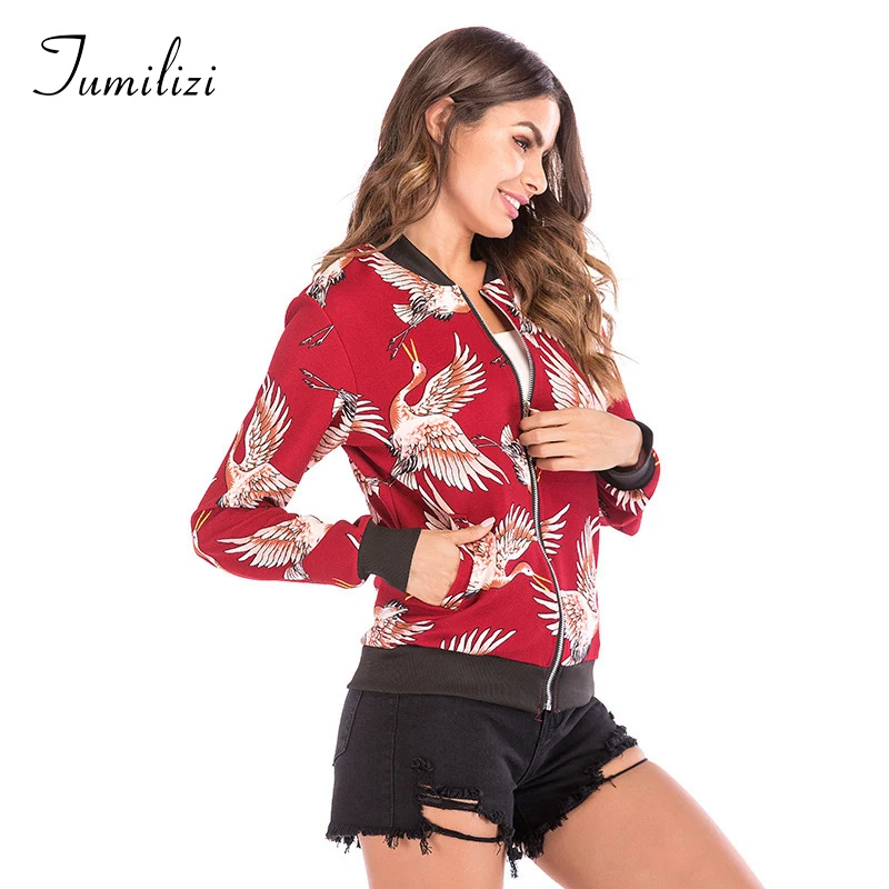 

2020 Woman Flying Crane Jacket Women Printing Baseball Zipper Loose Coat Chaqueta Mujer Clothes Womens Winter Big Size Jackets