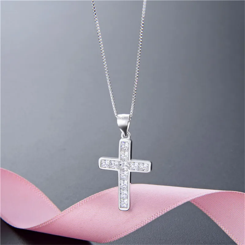 

Top Quality 925 Silver White CZ Stone Box Chain Charm Cross Shape Pendant Necklace Vintage Necklaces for Women Jewelry Gift