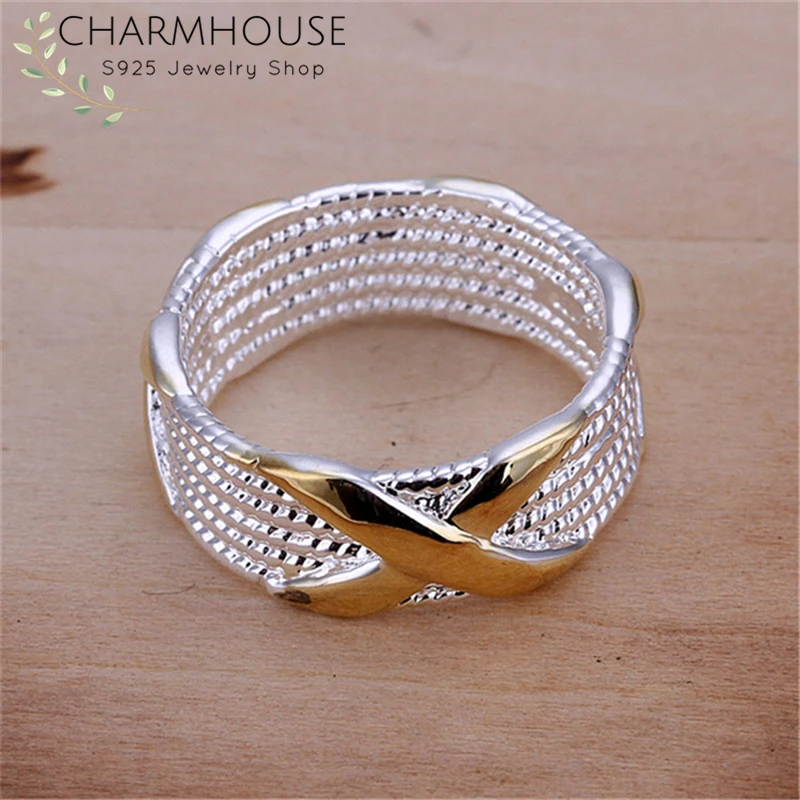 Charmhouse чистого серебра 925 серебряных колец для Для женщин Золотой Цвет X палец кольцо размер 7/8/9 обручальное Модные украшения Bague украшения anillo