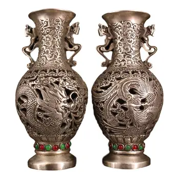 

LaoJunLu Pair Of Pure Copper Inlaid Gem Gilt Silver Dragon And Phoenix Chengxiang Vases Imitation antique bronze masterpiece