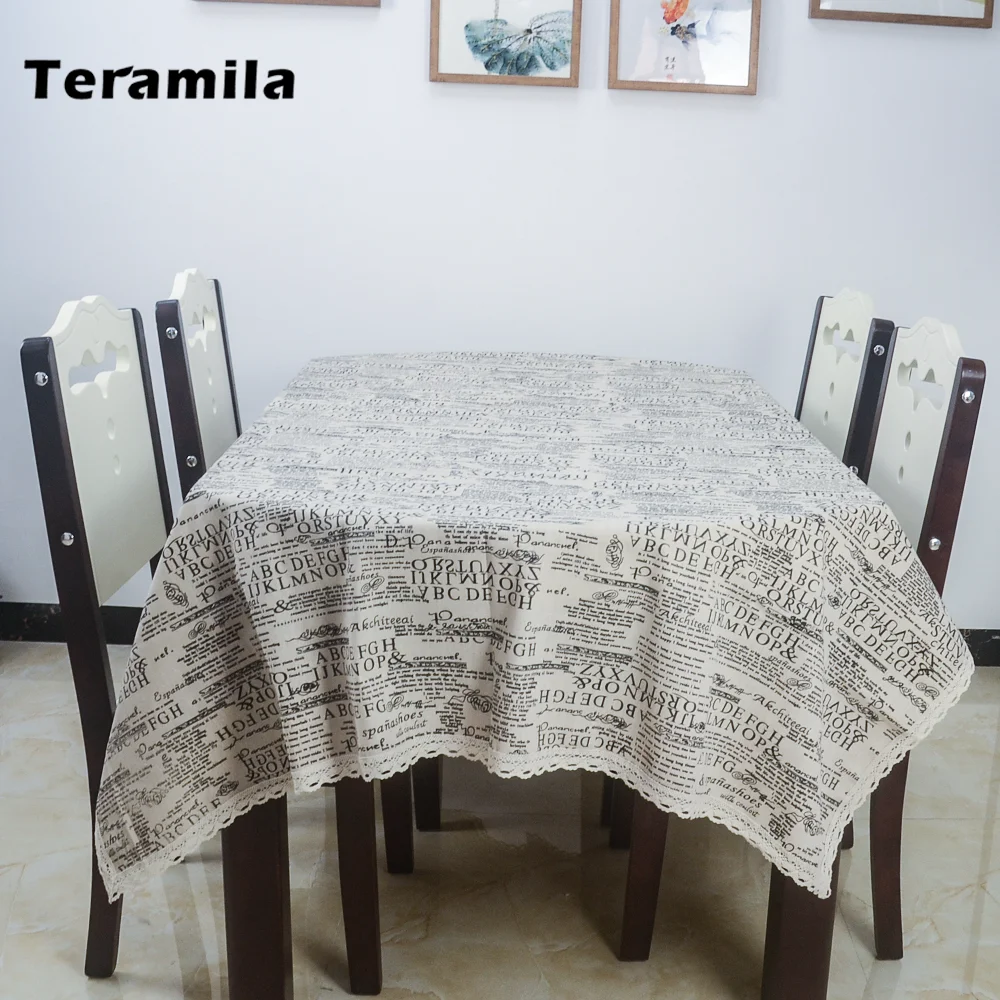 Teramila Thick Table Cloth Texts Design Linen With Lace Tablecloth Rectangular Square Dining Table Cover For Home Party Kitchen