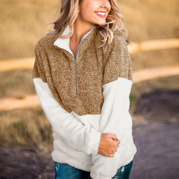 

Plush hoodie zipper patchwork padded top coat pocket ladies turtleneck pullover 2020 autumn winter new ladies casual jacket