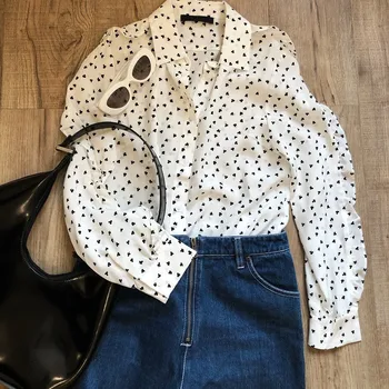 

Women's Shamrock Printed Silk Shirt Ruffles Turn-down Collar Long Sleeve Office Lady Blouse 2020 Spring New Female Tops
