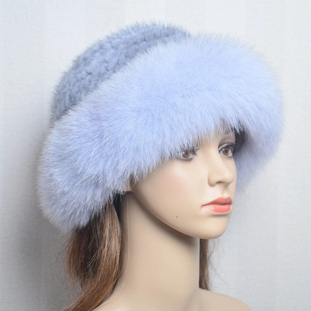 New Genuine Real Natural Knitted Mink Fur Hat Cap Luxury Women Handmade Knit Fashion Winter Headwear Warm Real Fox Fur Beanies 6