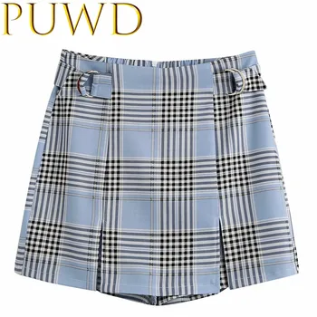 

Elegant women elegant satin shorts 2020 summer fashion ladies plaid blue shorts with belt female vintage shorts girl chic