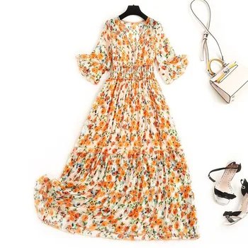 

Natural Silk Print Dress Bohemian V-Neck Mid-Calf Vestidos Largos De Verano Vestidos Longos Florais Long Floral Dresses 2020